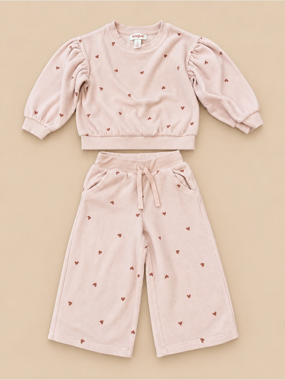 Cat & Jack Girls Pink Heart Sweatshirt Wide Leg Pants Set 2T
